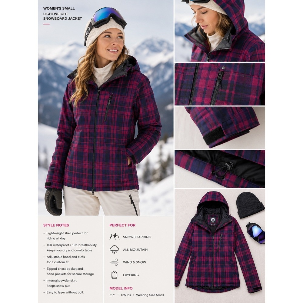 Volcom Womens Small Red Blue Plaid 10K Waterproof‎ Lightweight Snowboard Jacket